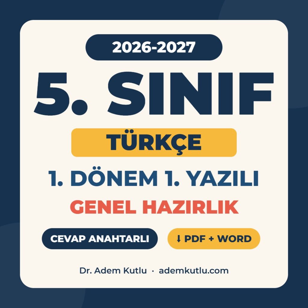 5. Sınıf Türkçe 1. Dönem 1. Yazılı Genel Hazırlık 2026-2027 PDF kapak görseli